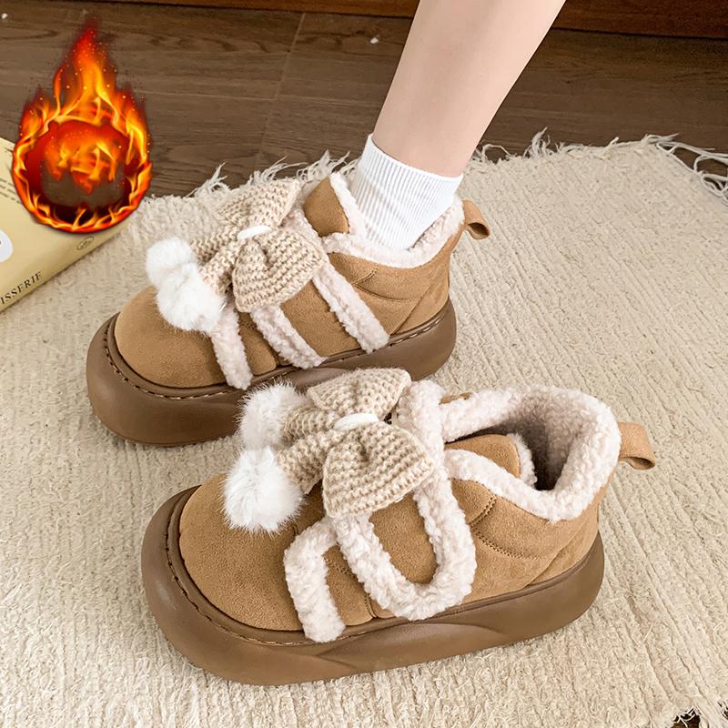 Fashion Cute Fluffy Winter Boots for Women 2025 Faux Fur Bowtie Pink Snow Boots Woman Warm Plush Kawaii Ball Ankle Boots Shoes Woman