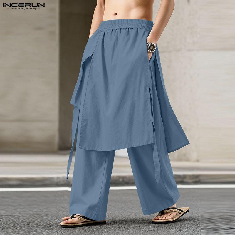 INCERUN Pantaloni Lunghi Casual da Uomo Vintage a Vita Elastica con Strati Irregolari