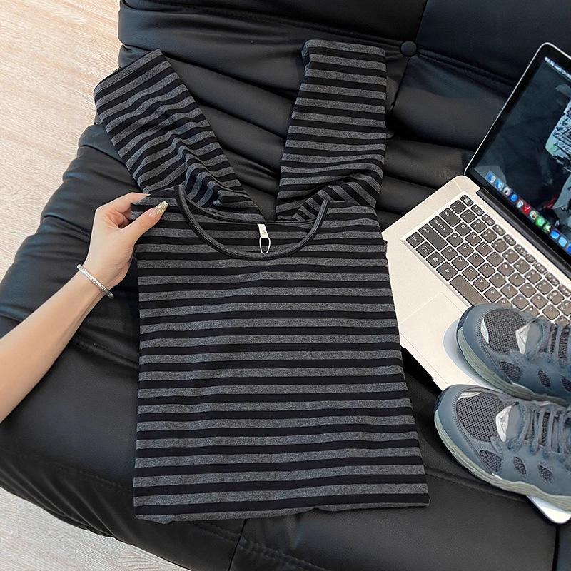 Damernas Oversized Svart och Grårandiga Långärmade T-shirt - Hösten 2025 Stil