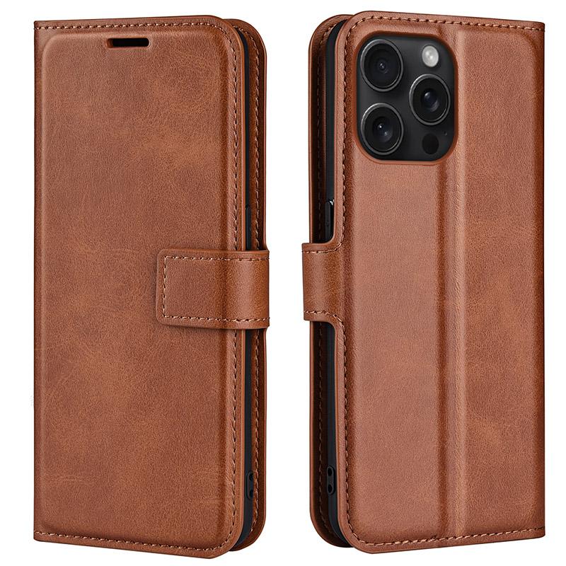 

For iPhone 16 Pro Max Case Calf Texture PU Leather Folio Flip Wallet Phone Cover Light Brown
