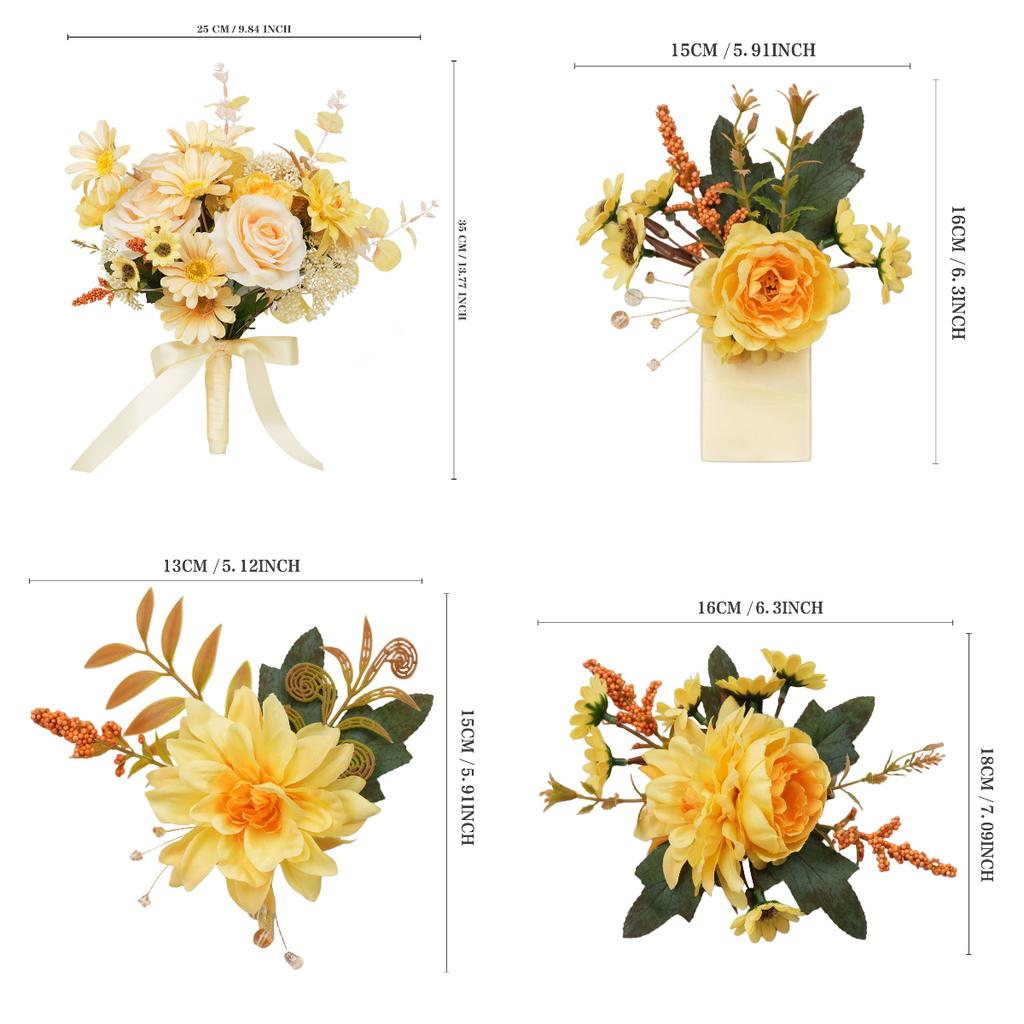 8PCS Yellow Artificial Wedding Flowers Set Bridal Bouquet Boutonnieres Corsage for Wedding Ceremony Anniversary Prom Decor