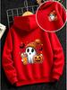 Halloween-themed Hooded Sweatshirt with Cartoon Print, Featuring a Ghost Wearing a Beanie and Holding a Drink On the Front.