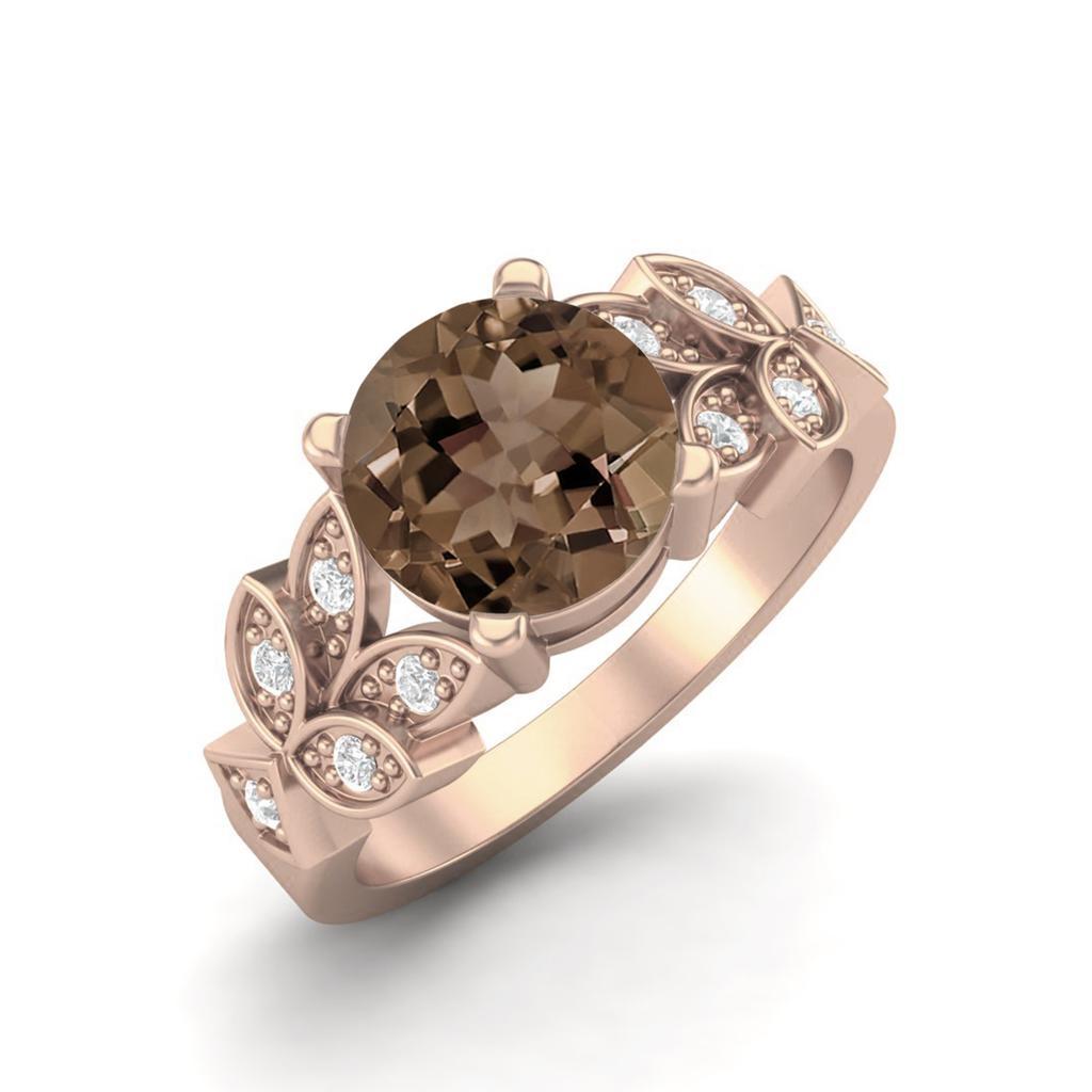 8mm Round Smoky Quartz 925 Sterling Silver Rose Vermeil Solitaire Leaf Design Women Wedding Ring