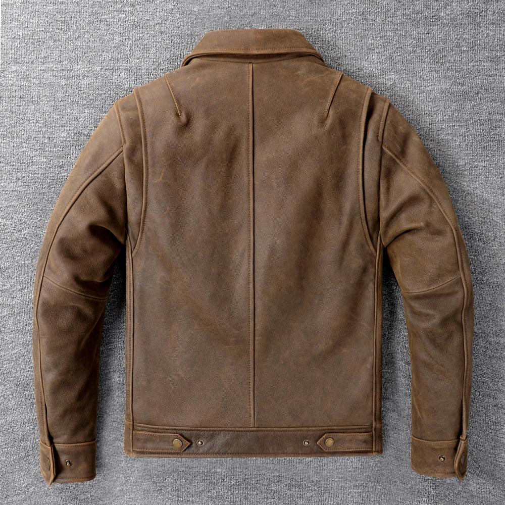 Classic 1930S Style Brown Uncoated Genuine Cow Men Leather Jacket Soft Slim Fit Men's Natural Cowhide Coat Autumn