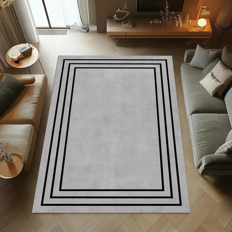 

Minimal Gray Black Border Area Rug Washable & Non Slip Home Decoration 40x60cm