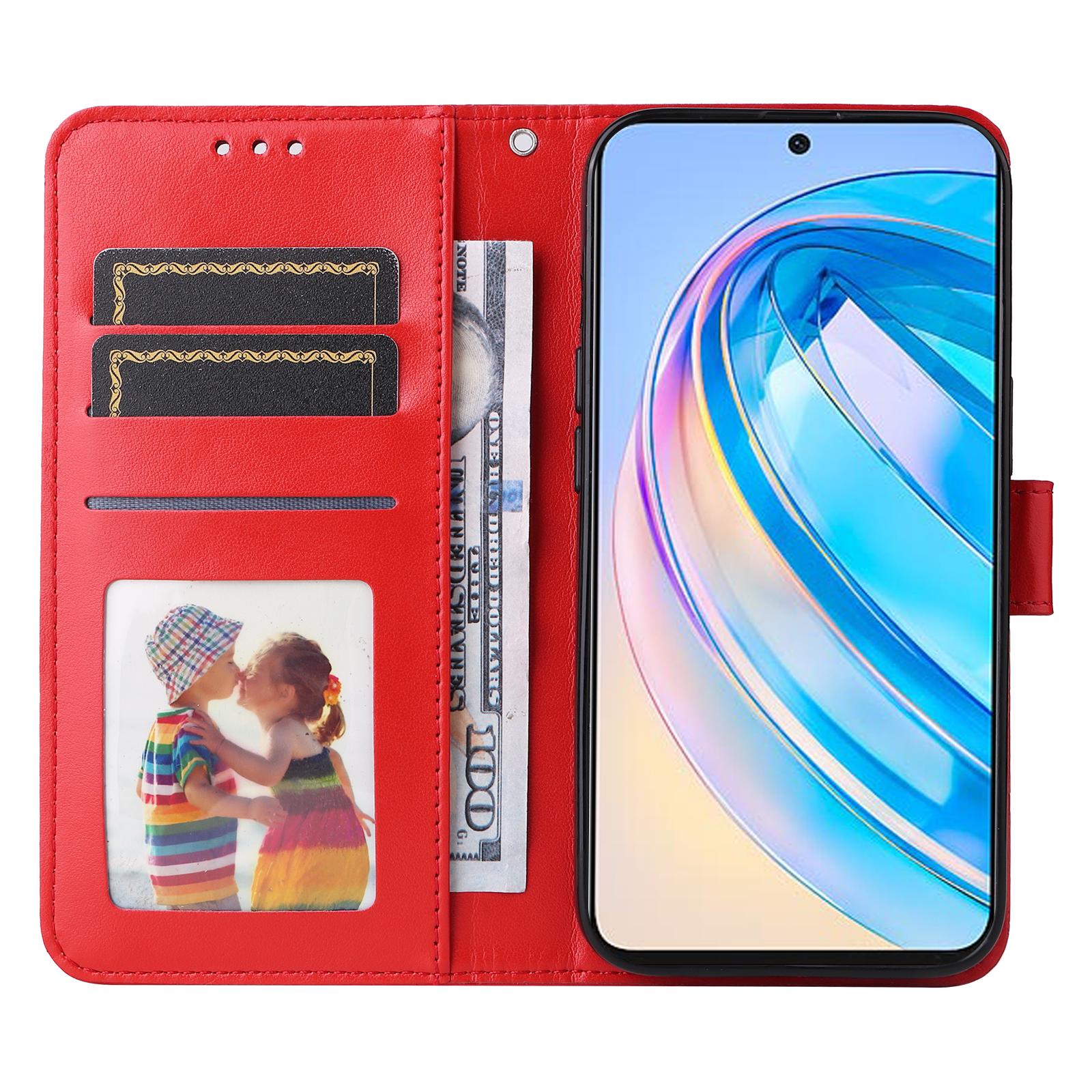 

For Honor X8a 4G PU Leather Phone Wallet Case Stand Sunflower Imprinted Phone Cover with Hand Strap Red