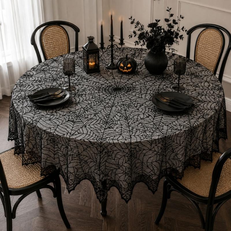 Spiderweb Table Cover for Halloween, Round Black Lace Tablecloth with Soft Fabric Drape for Dessert Display, Entry Table, and Party Decors