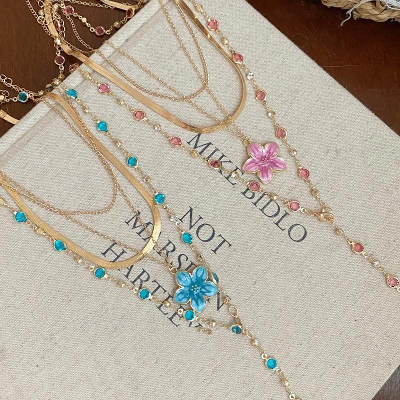 Flower Pendant Layered Necklace Gold Plated Colorful Chain Choker Y2K Aesthetic Jewelry For Women