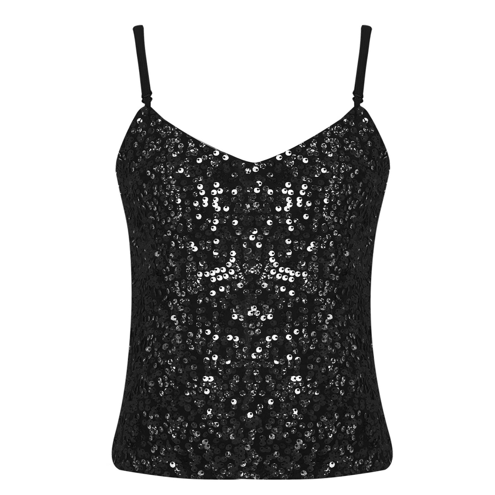 

Дитячий блискучий святковий топ з V-подібним вирізом, тонкими бретелями, прикрасами з паєток, стильна сорочка унісекс 10-12 Years чорний