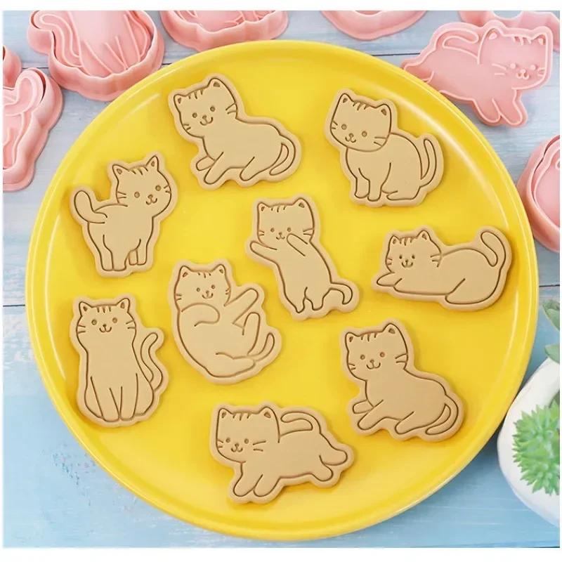 8Pcs Cat Cookie Mold Set Cartoon Cat Shape Cookie Stamp Fondant Cake Decoration Tools 3D Hand Pressure Plastic Biscuit Mold