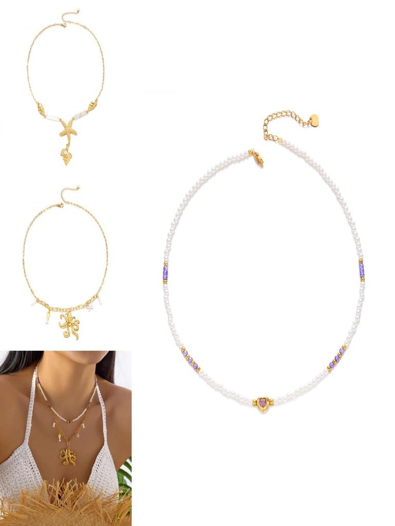 Ensemble de colliers en acier inoxydable avec accents perle et coquillage pour femmes et hommes