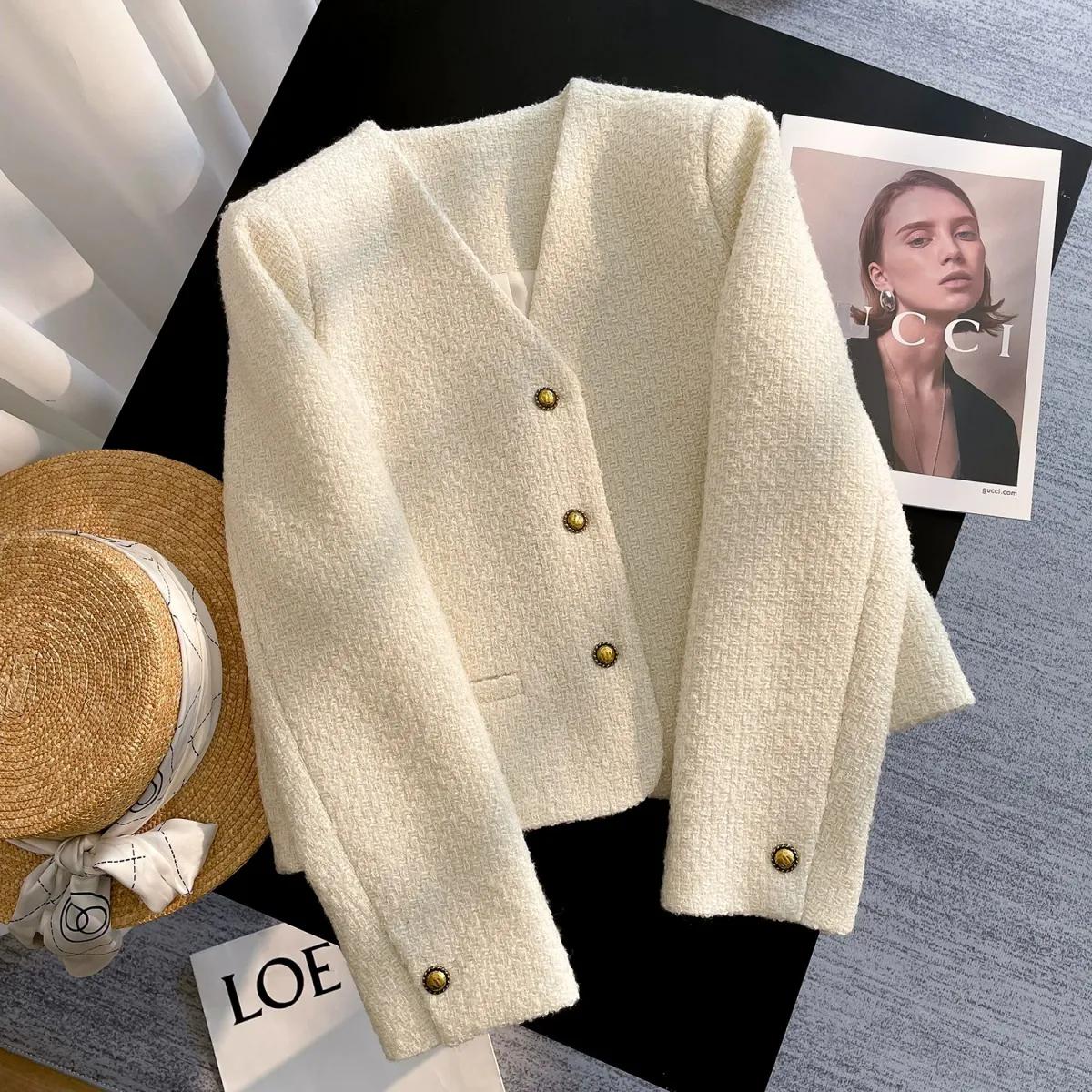 

Spring Autumn Women Elegant Cropped Jackets Women Casual V-neck Single Breasted Outerwears Long Sleeve Short Top XS белый