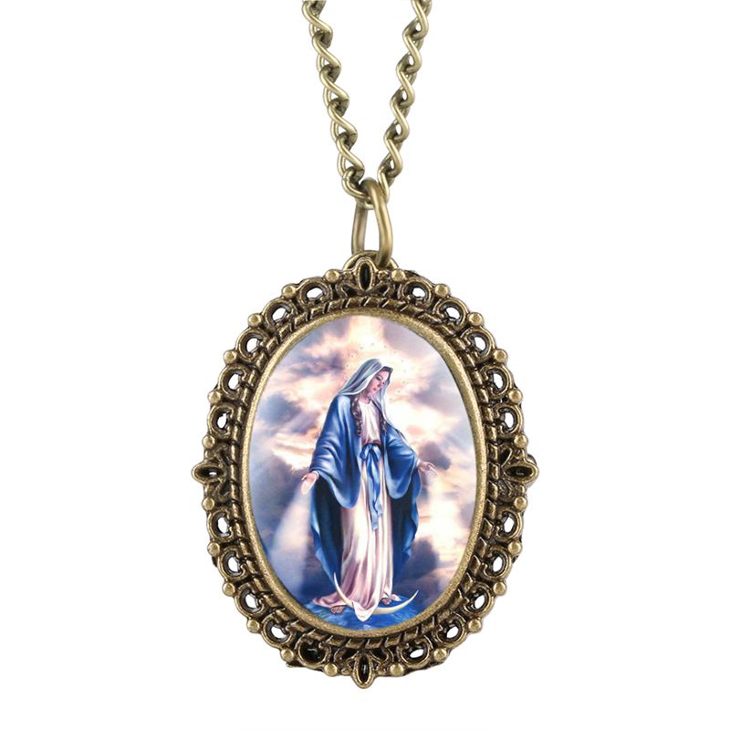 Makellose katholische gesegnete Jungfrau Maria Quarz Taschenuhr Souvenir Anhänger Halskette Uhr Geschenke für Frauen als Sammlerstücke