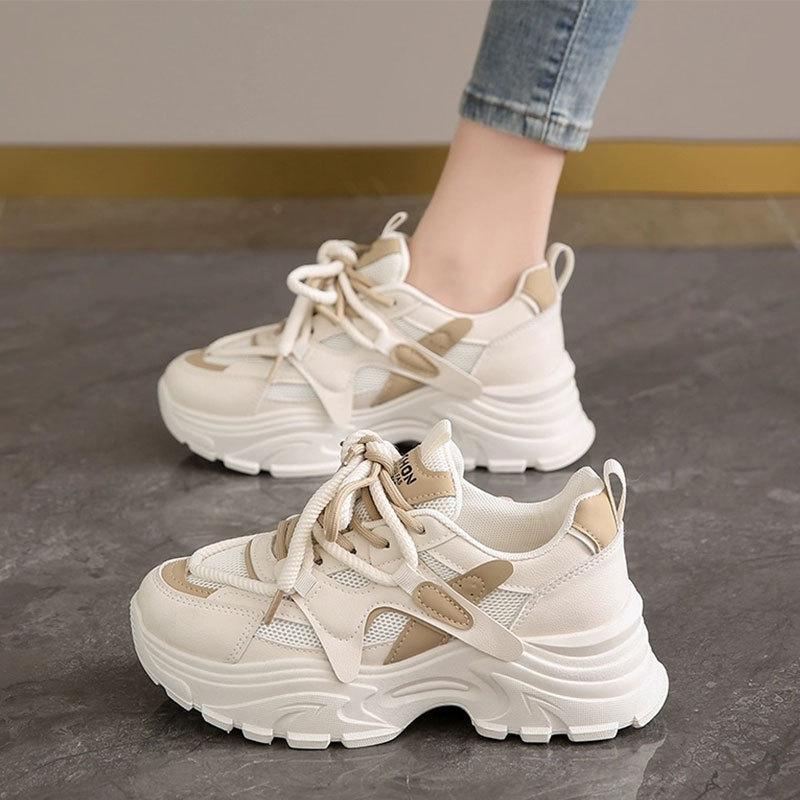 Fashion Double Mesh Breathable Non-slip Dad Shoes Women's 2025 Spring New Middle Heel Soft Sole Wide Foot Casual Thick Sole Sports Shoes