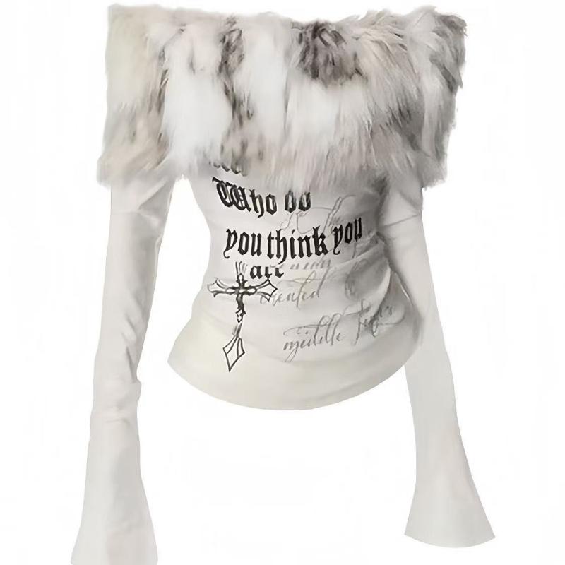 American Vintage Print Pelz Genäht Tops Frauen 2000er Jahre Y2k One Shoulder T-Shirt Dünn Süße Babes High Street Casual Base Layer Kleidung