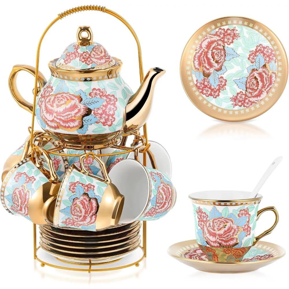 20 Pcs Porcelain Tea Set with Metal Holder and Spoon Adult Ceramic Tea Party Set European Flower Painting Teapot Cup Saucer