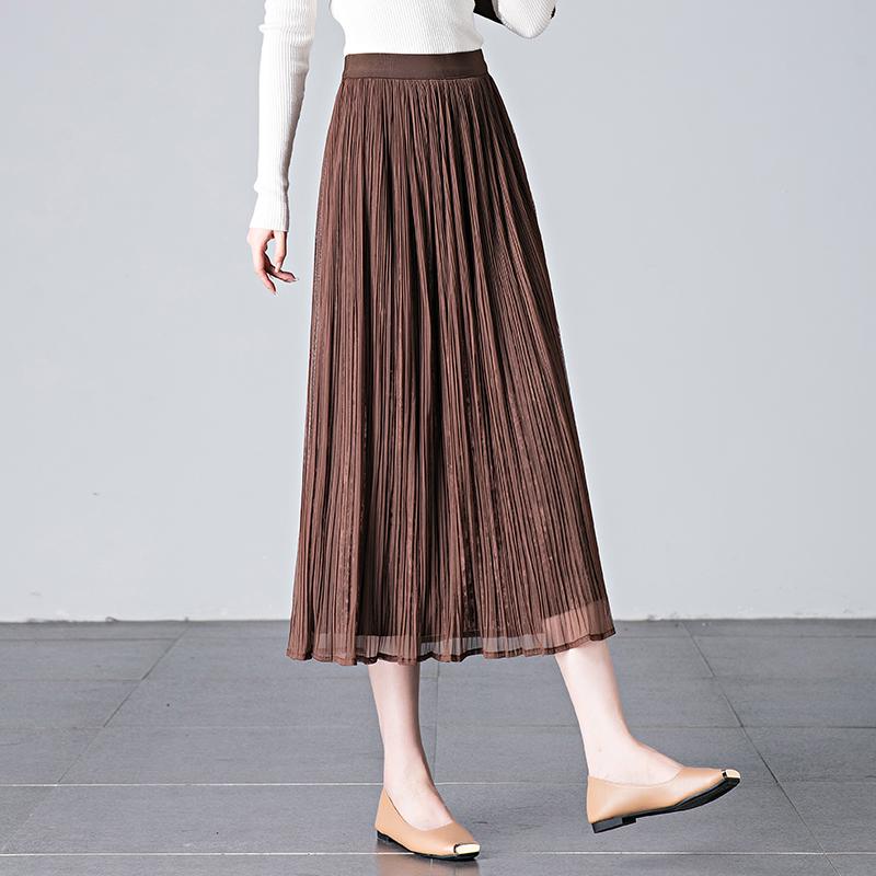 Brand Discount Women's High Waist Pleated Silk Midi Skirt with Puffy Mesh Overlay