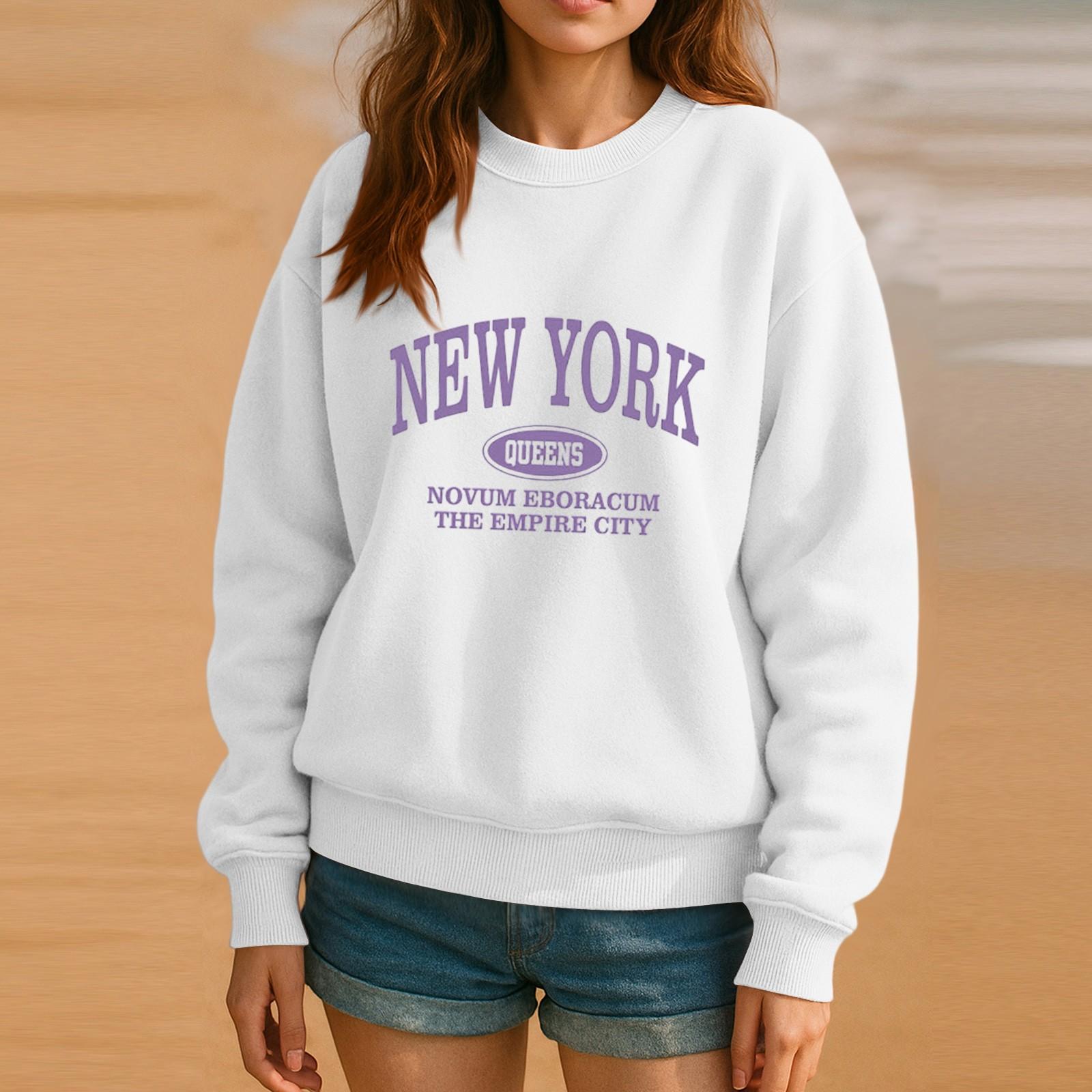 

Толстовка с круглым вырезом для женщин, осенние графические толстовки для отпуска с длинным рукавом и заниженной линией плеч XL белый