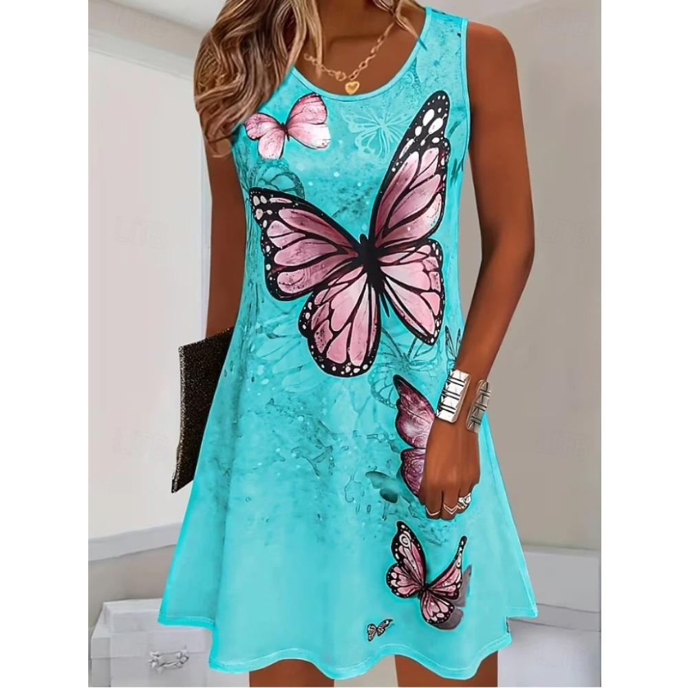 Women s Butterfly Pattern Printed Sleeveless Round Neck Dress Loose Soft and Comfortable Plus Size Dress XS синий
