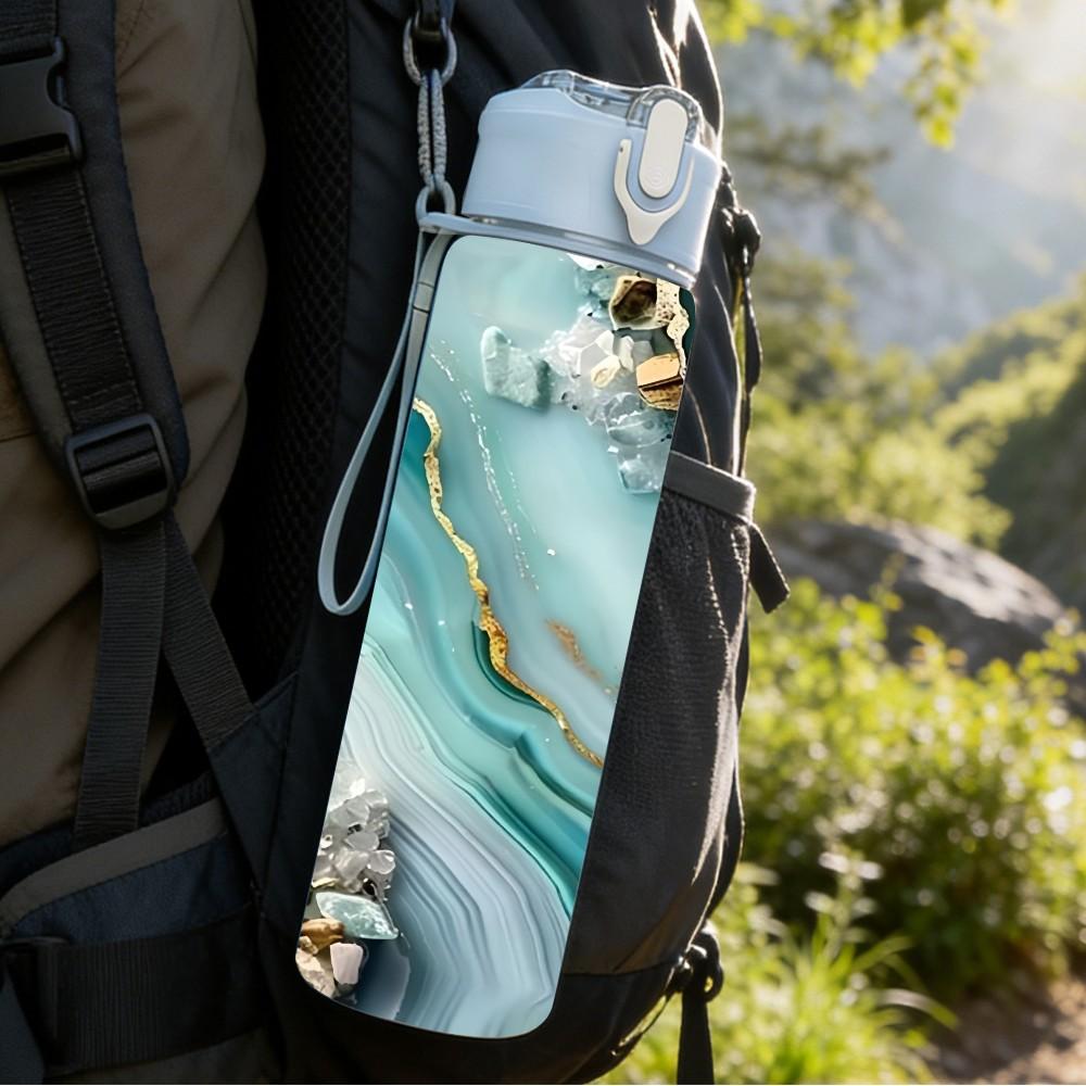 1PC Teal Gold Geode Marble Pattern 750ml Color Plastic Sports Water Bottle Leakproof Flip Straw Lid Suitable for Sports Office Home Use