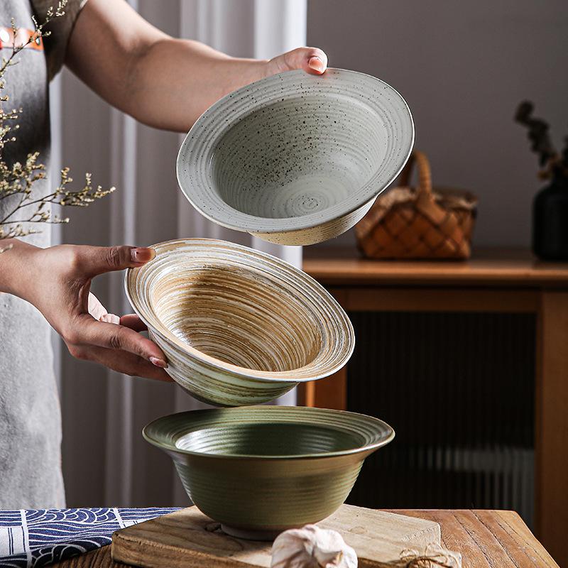 Handmade Retro Japanese Ceramic Ribbed Bowl: Perfect for Pasta, Salad, or Soup