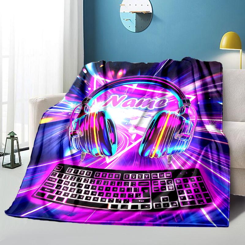 1PC Custom Name Neon Lights Music Flannel Blanket Versatile, All-season Throw Suitable for the Living Room, Bedroom, Camping, Travel, and Gift