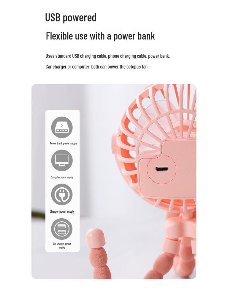 Cross-border Octopus Handheld Mini Stroller Fan with Night Light, USB Rechargeable, Multifunctional.