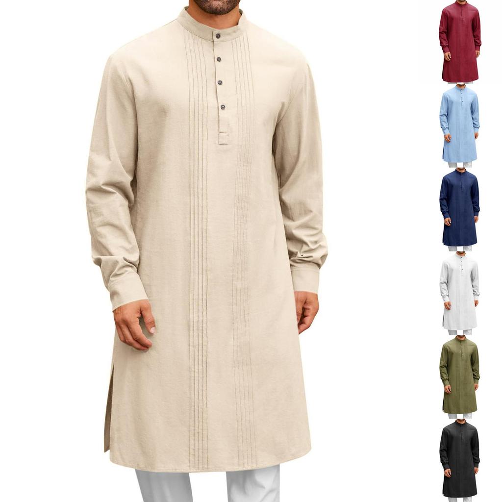 Mens Kaftan Thobe Button Down Casual Shirts Long Sleeve Robe Cotton Linen Muslim Gown Shirt