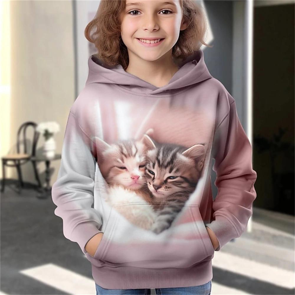 Children Boys Girls Hoodie Tops Cat Print Spring Autumn Print Sweatshirt Toddler Leisure Outdoor Clothes Coat Clothing