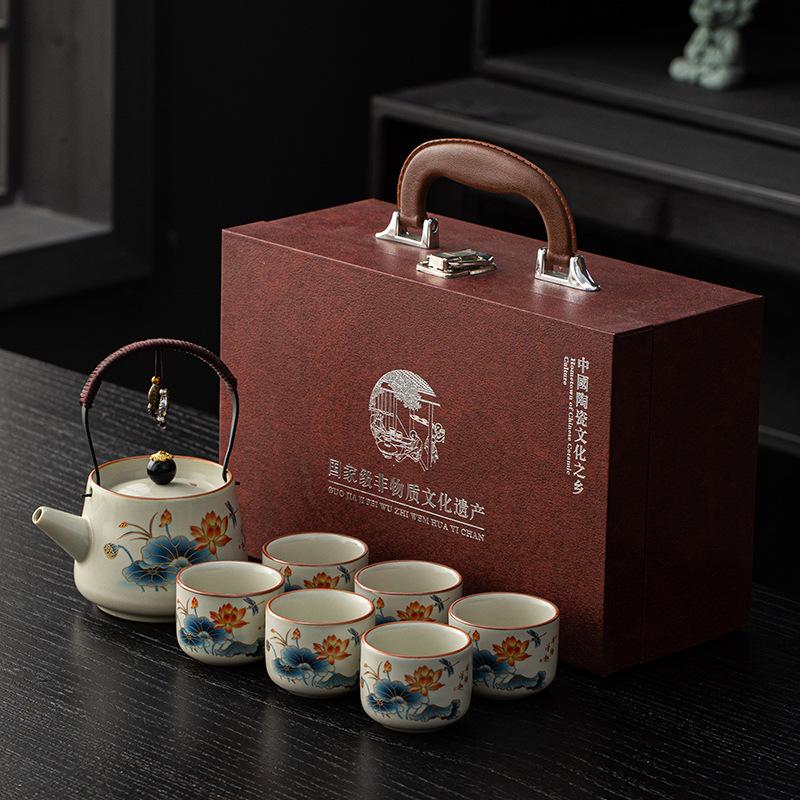Ru kiln beam pot Kung Fu tea set Small set Anti-scalding teapot Teacup Business activities Annual meeting gift