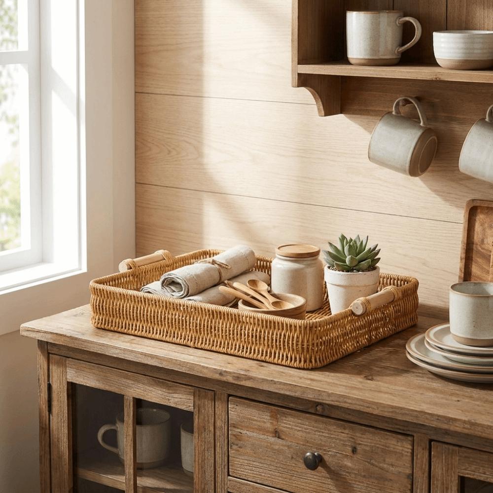 Rectangular Woven Storage Basket Shallow Bin Food Plate Snack Plate Handwoven Basket Kitchen