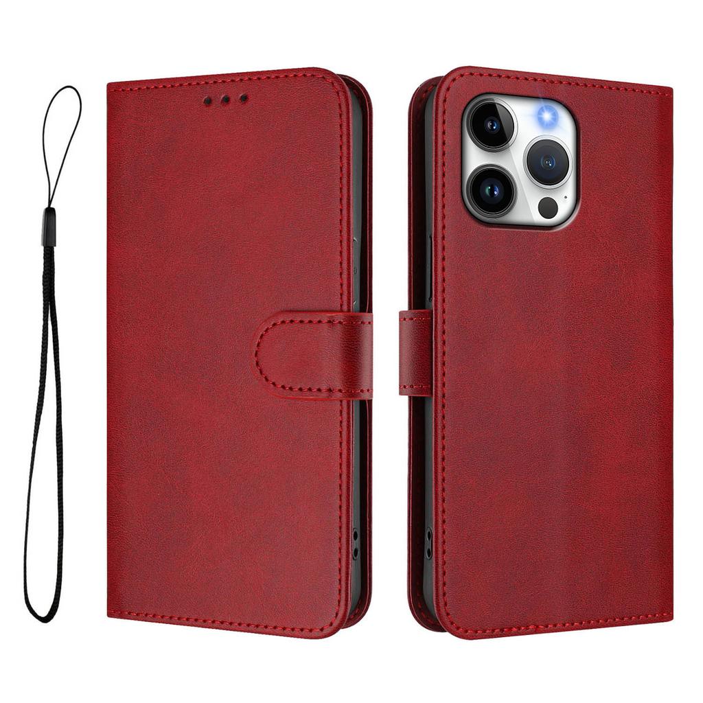 For iPhone 16 Pro Max Wallet Case RFID Blocking Calf Texture Leather Stand Phone Cover with Strap