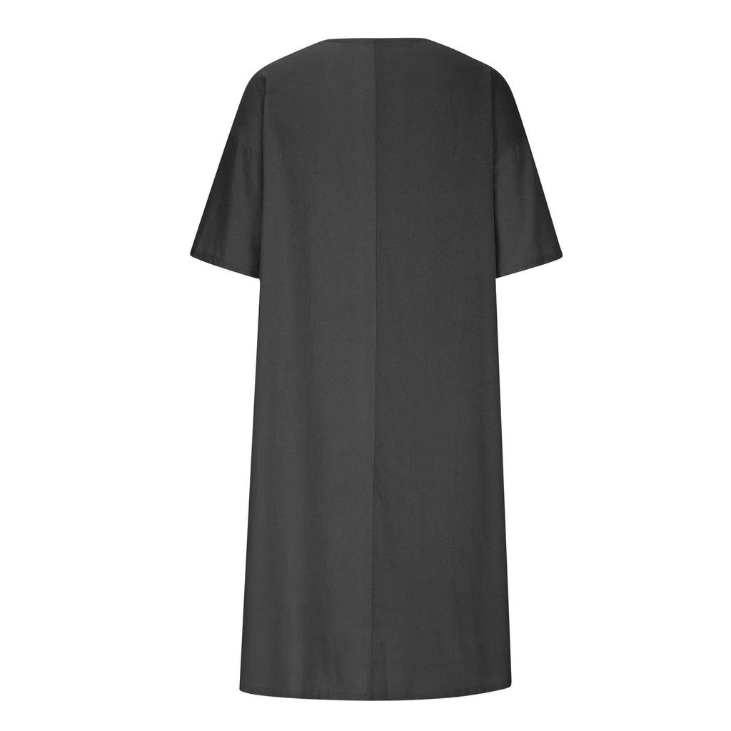 Women's V-Neck Casual Dresses Beach Holiday Color Vacation Leisure Dresses Loose Cotton Linen Shirt Dress