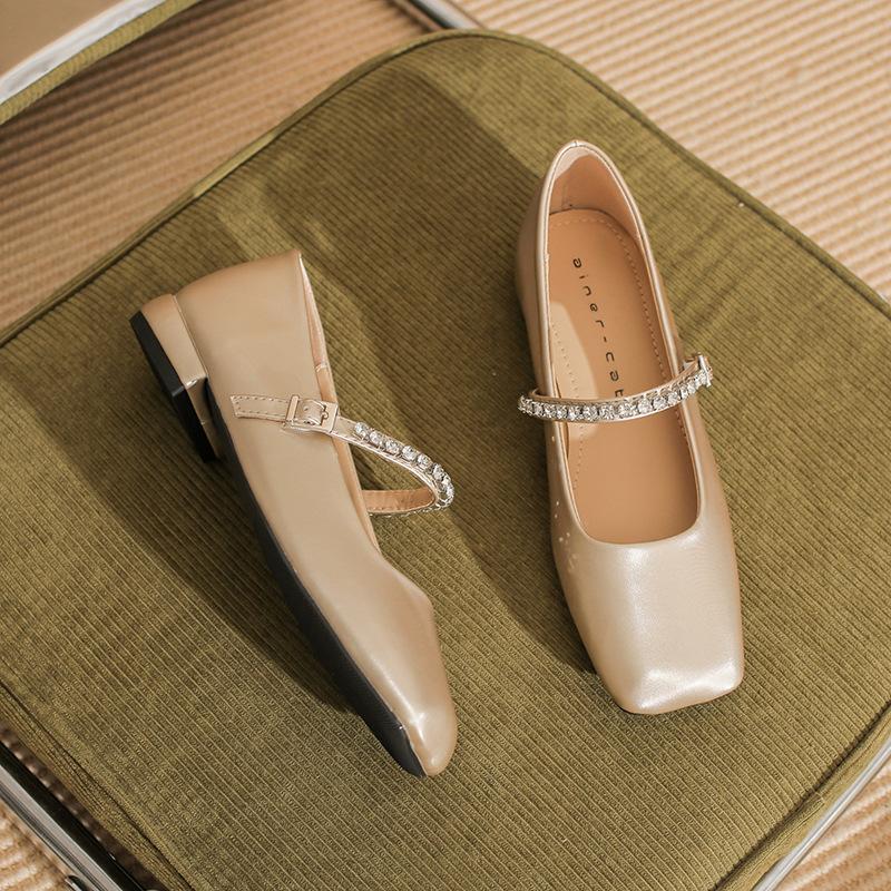 

2302 flat shoes women s thick heel new square head rhinestone word with Mary Jane shoes French light mouth low heel single shoes 39