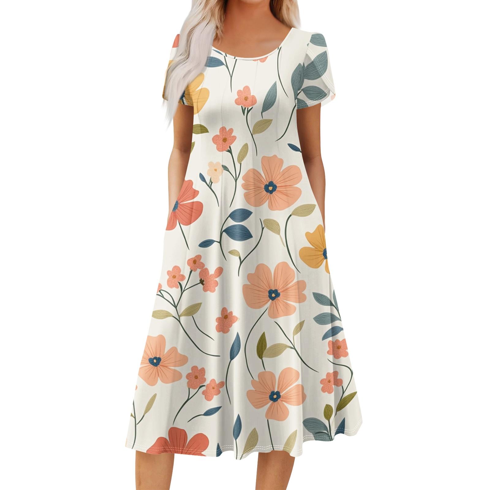 Women s Casual Fashion Round Neck Printed Short Sleeve Pocket Dress S бежевый