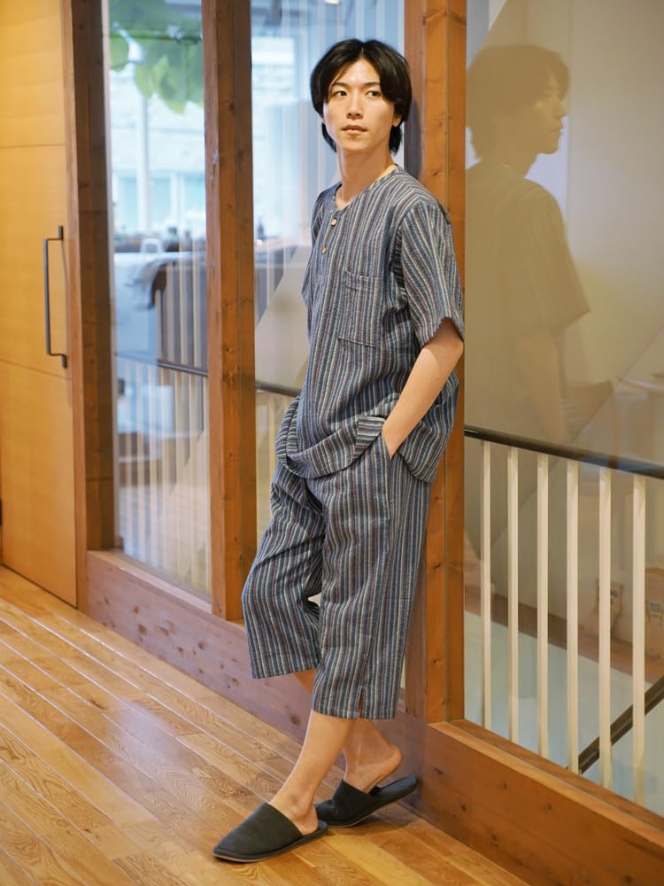 Jinbei Henley Neck High Quality Day Pajamas Made In Japan Shijira Buttons Stylish Kurume Weave BOTAN M Blue Stripes [TAYU-TAFU] Men's Father's