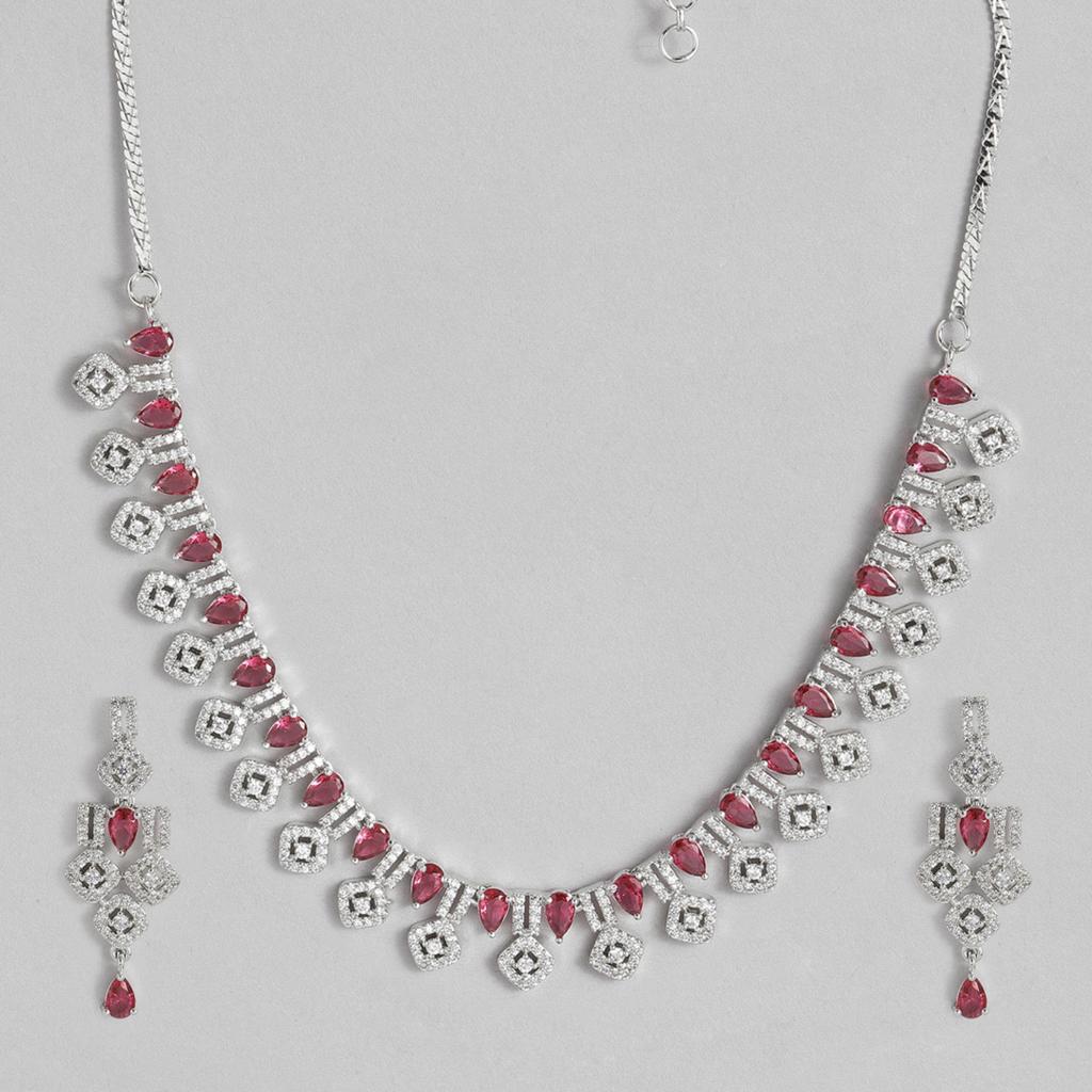 Silver Plated Diamond Round Necklace Set Diamond Necklace Set for Women
