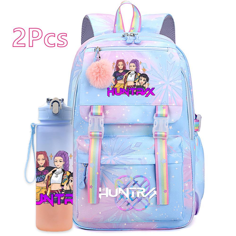 2Pcs/set Cute K-Pop Demon Hunters Printed Backpack with 750Ml Water Bottler for Teenager Student Girl Boy Large Capacity Waterproof Bookbag Travel Bag