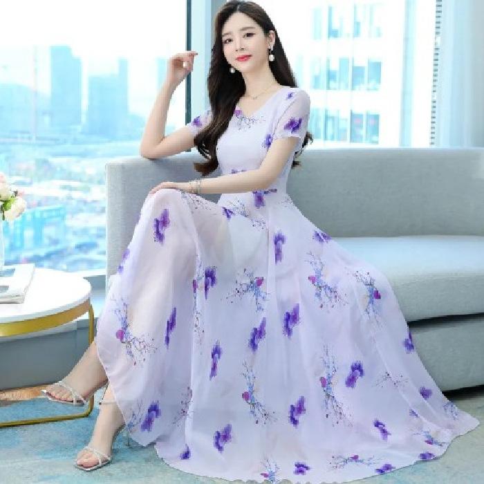 

Summer summer new printed ice silk dress V-neck temperament waist slim and thin pendulum long skirt M фиолетовый