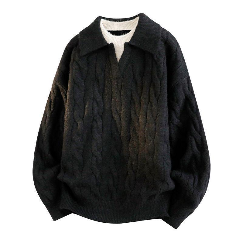 Men s V-Neck Cable Knit Sweater, Fake Two-Piece Polo Style, Autumn/Winter Business Outerwear 3XL чёрный