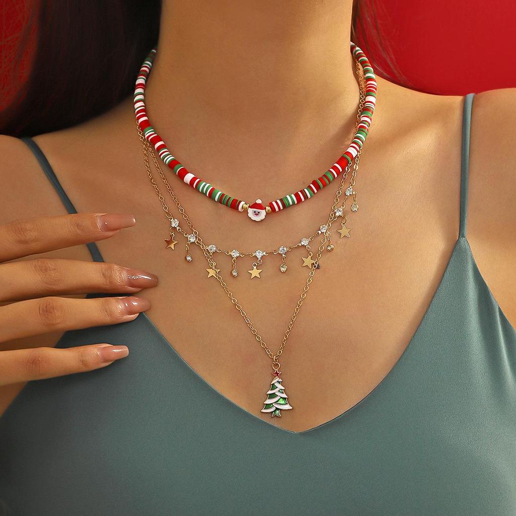 European & American Christmas Festival Polymer Clay Necklace - Creative Santa Claus & Christmas Tree Design, Clavicle Chain, Unique Holiday Style.