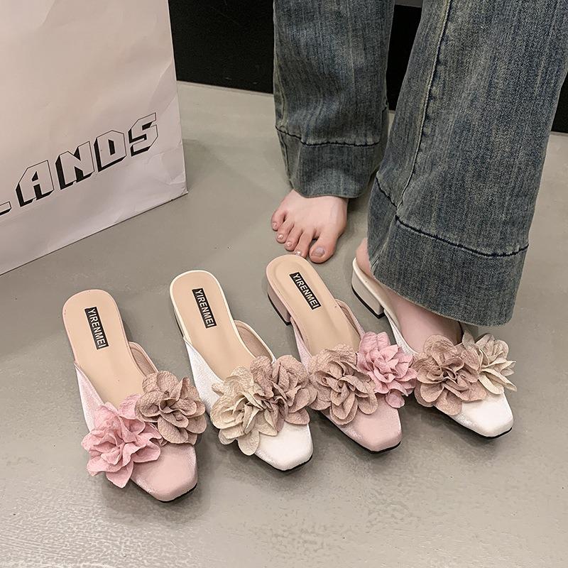 High Heels Women's Spring and Summer New Baotou Flower Sandals Square Head Thick Heel Shallow Mouth Outer Slippers Women