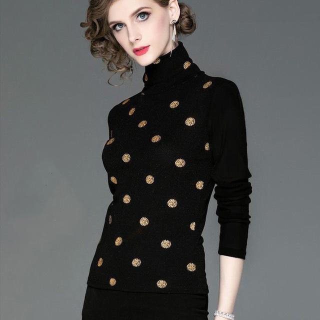 

Long Sleeve Bottoming Shirt for Women s Polka Dot Mesh Blouse High Neck T-shirt Slim Fit Autumn Winter New Top M-5XL XXXL золотий