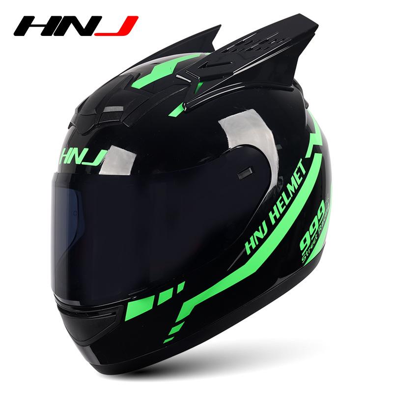 HNJ Unisex Full-Face Summer Motorcycle Helmet with Gray Riding Horns - Stylish and Safe for Racing