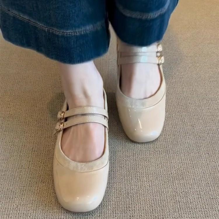 Schafslederversion~ Flaches französisches Temperament runder Kopf Ein-Wort-Schnalle Mary Jane Schuhe Damen Retro flacher Mund Ballerinas