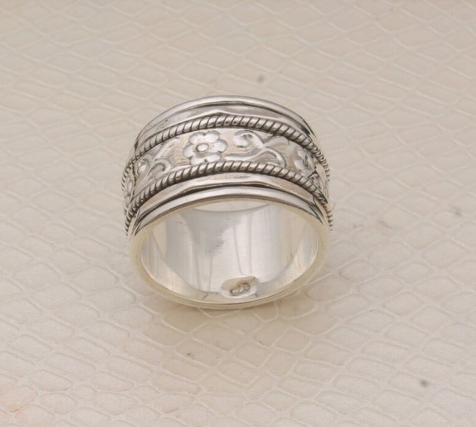 Engraved Textured Fidget Band Solid 925 Sterling Silver Spinner Ring, Handmade Silver Meditation Band Anxiety Ring Gifts For Her Wedding