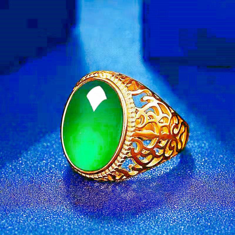 Silver-plated green agate men's ring, trendy and stylish, domineering white gold men's diamond ring, gemstone ring, adjustable size