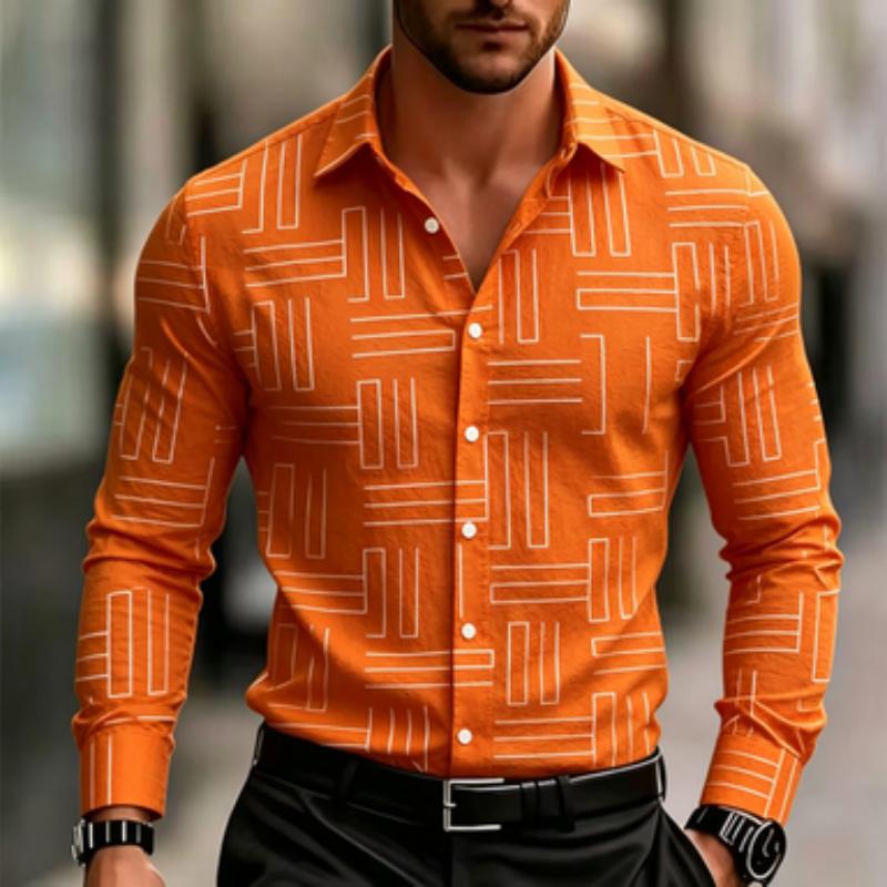Men's Casual Geometric Lines with Digital Printing, Men's Long Sleeved Shirt, Fitted Version, Lapel Shirt, Trendy and Creative