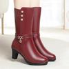 Winter Woman High-Heeled Soft Leather Motorcycle Boots Thick Wool Soft Sole Plus Velvet Warm Riding Mid-Calf Boot Office Model