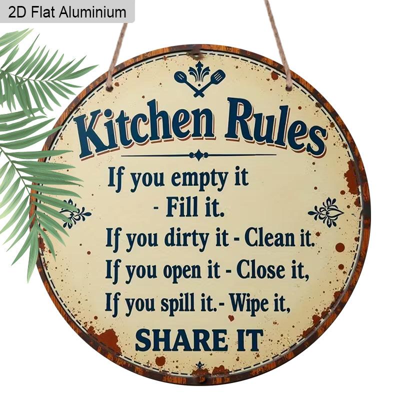 2D Flat Aluminum Rustic Farmhouse Kitchen Decor Round Metal Sign, Cute Family Manners Sign for Mom, Wife, Housewarming Gift, Pre-Drilled Holes for